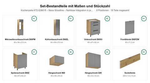 Küchenzeile K72-G360 R – Nexa Woodline – Nahtlose Integration in jedes Wohnkonzept – Maßbild (Set-Bestandteile mit Maßen und Stückzahl)