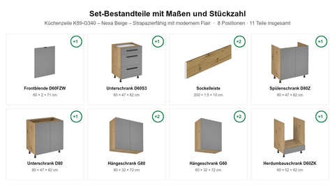 Küchenzeile K89-G340 – Nexa Beige – Strapazierfähig mit modernem Flair – Maßbild (Set-Bestandteile mit Maßen und Stückzahl)