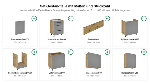 Küchenzeile K89-G340 – Nexa – Grau – Strapazierfähig mit modernem Flair – Maßbild (Set-Bestandteile mit Maßen und Stückzahl)