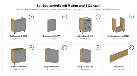 Küchenzeile K89-G340 – Nexa Woodline – Optimale Raumnutzung mit durchdachter Planung – Maßbild (Set-Bestandteile mit Maßen und Stückzahl)