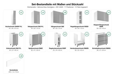 Set-Bestandteile mit Maßen und Stückzahl – Küchenzeile Velmora Grau Hochglanz – 320 cm – K91-G320