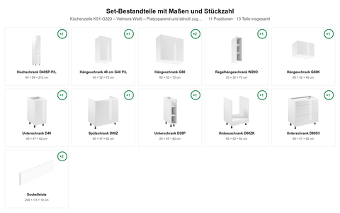 Küchenzeile K91-G320 – Velmora Weiß – Platzsparend und stilvoll zugleich – Maßbild (Set-Bestandteile mit Maßen und Stückzahl)