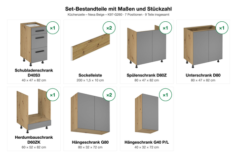 Set-Bestandteile mit Maßen und Stückzahl – Küchenzeile – Nexa Beige – K97-G260