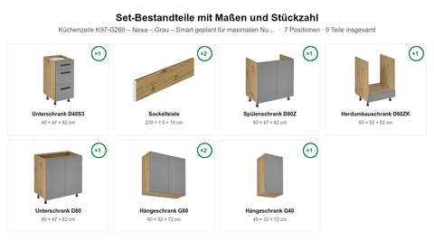 Küchenzeile K97-G260 – Nexa – Grau – Smart geplant für maximalen Nutzen – Maßbild (Set-Bestandteile mit Maßen und Stückzahl)