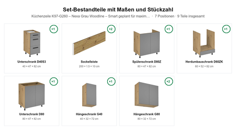 Küchenzeile K97-G260 – Nexa Grau Woodline – Smart geplant für maximalen Nutzen – Maßbild (Set-Bestandteile mit Maßen und Stückzahl)