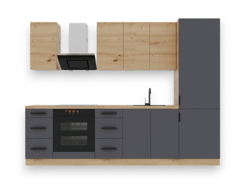 Küchenzeile K98-G280 – Nexa Grau-Woodline – raumeffizient geplant – Ansicht 3