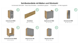 Küchenzeile K98-G280 – Nexa Grau-Woodline – raumeffizient geplant – Maßbild (Set-Bestandteile mit Maßen und Stückzahl)