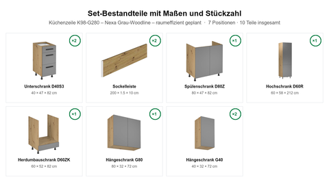 Küchenzeile K98-G280 – Nexa Grau-Woodline – raumeffizient geplant – Maßbild (Set-Bestandteile mit Maßen und Stückzahl)