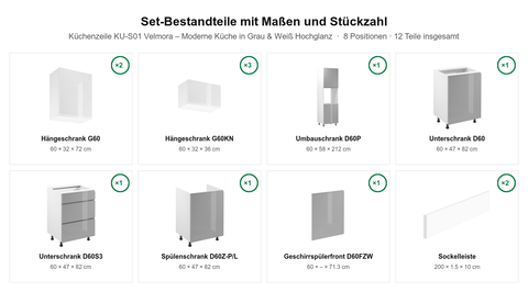 Küchenzeile KU-S01 Velmora – Moderne Küche in Grau & Weiß Hochglanz – Maßbild (Set-Bestandteile mit Maßen und Stückzahl)