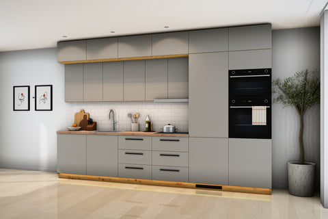 Küchenzeile Nexa Beige – 360 cm – K50-G360 – Raumansicht über Eck von rechts