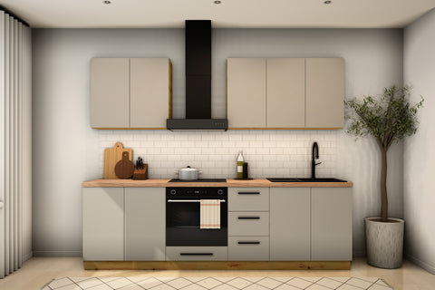 Küchenzeile Nexa Beige 260 cm frontal: Unterschrank D80, Herdumbauschrank mit Backofen, Schubladenschrank und Spülenschrank, darüber drei Hängeschränke und Haube