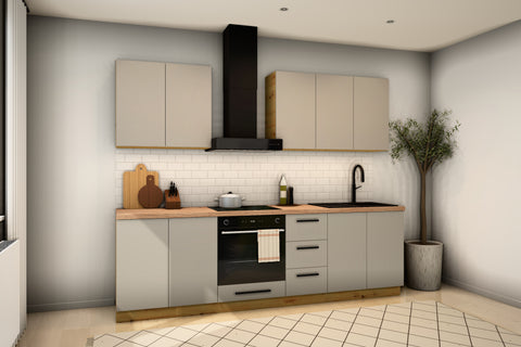 Küchenzeile Nexa Beige schräg von links mit Unterschrank D80 und Hängeschrank G80