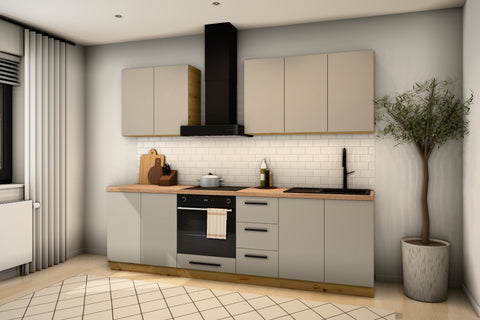 Küchenzeile Nexa Beige schräg von rechts mit Spülenschrank D80Z und Schubladenschrank D40S3