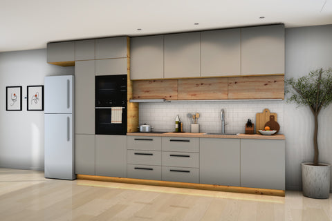 Küchenzeile Nexa Beige & Woodline – 400 cm – K18-G400 – Raumansicht über Eck von rechts