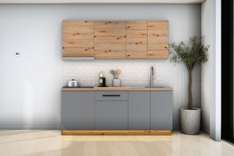 Küchenzeile Nexa Grau & Woodline – 200 cm – K21-G200 – Raumansicht frontal