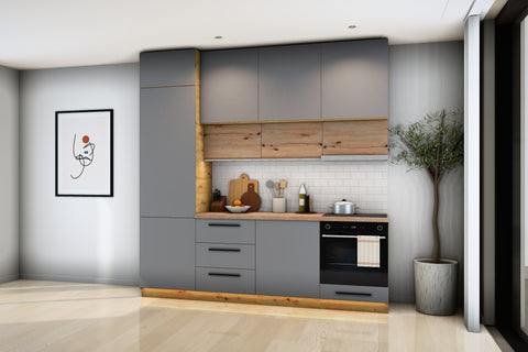 Küchenzeile Nexa Grau & Woodline – 240 cm – K17-G240 – Raumansicht über Eck von rechts