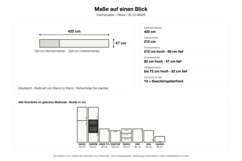 Maße Küchenzeile Nexa KL12-M420: Stellmaß 420 cm – Farbe Beige Matt