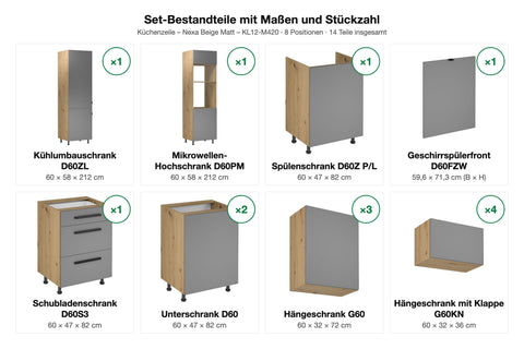Set-Bestandteile Küchenzeile Nexa KL12-M420: 13 Schränke + Geschirrspülerfront mit Maßen – Farbe Beige Matt