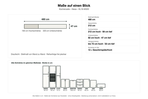 Maße Küchenzeile Nexa KL16-M320: Stellmaß 480 cm