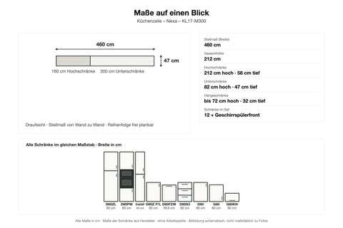 Maße Küchenzeile Nexa KL17-M300: Stellmaß 460 cm