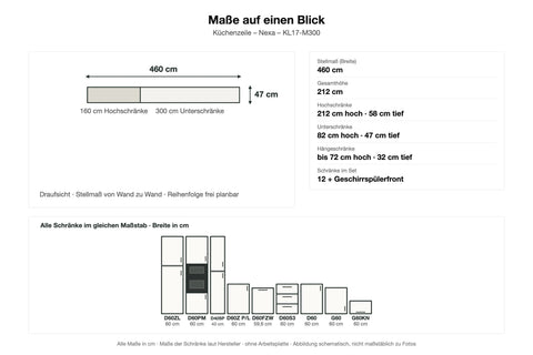Maße Küchenzeile Nexa KL17-M300: Stellmaß 460 cm – Farbe Grau Matt