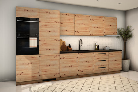 Küchenzeile Nexa Woodline schräg von links mit Geräte-Hochschrank und Hängeschränken G60