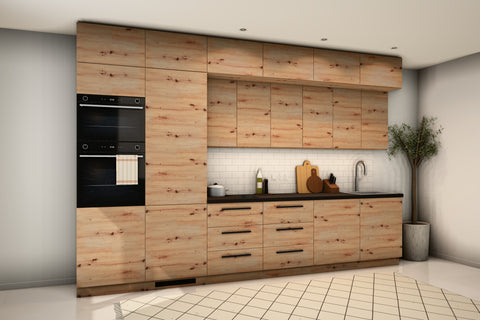 Küchenzeile Nexa Woodline schräg von links mit Hängeschränken G80 und Aufsatzschränken N60