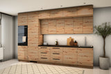 Küchenzeile Nexa Woodline schräg von rechts mit Hochschränken und Aufsatzschränken N60