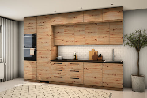 Küchenzeile Nexa Woodline schräg von rechts mit Hochschränken und Aufsatzschränken N60