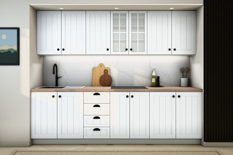 Küchenzeile Provence Andersen Kiefer – 260 cm – mit Glashängeschrank – K4-G260 – Raumansicht frontal