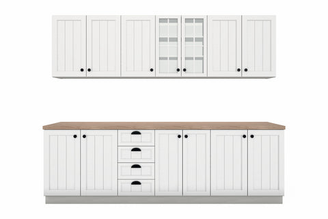 Küchenzeile Provence Andersen Kiefer – 260 cm – mit Glashängeschrank – K4-G260 – freigestellt auf Weiß