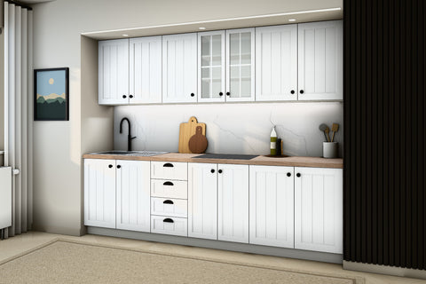 Küchenzeile Provence Andersen Kiefer – 260 cm – mit Glashängeschrank – K4-G260 – Raumansicht über Eck von rechts
