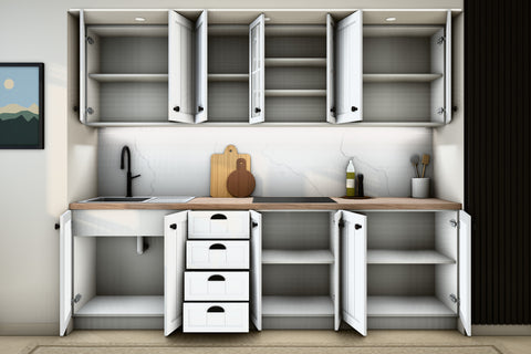 Küchenzeile Provence Andersen Kiefer – 260 cm – mit Glashängeschrank – K4-G260 – Türen, Klappen und Auszüge geöffnet