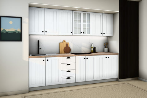 Küchenzeile Provence Andersen Kiefer – 260 cm – mit Glashängeschrank – K4-G260 – Raumansicht über Eck von links