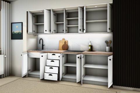 Küchenzeile Provence Andersen Kiefer – 260 cm – mit Glashängeschrank – K4-G260 – geöffnet, über Eck von rechts
