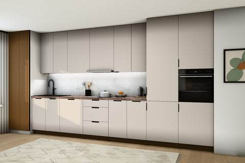 Küchenzeile Sorento Beige – 400 cm – mit 2 Hochschränken – K73-G400 R – Raumansicht über Eck von rechts