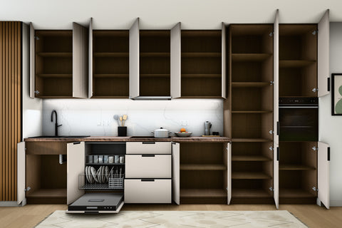 Küchenzeile Sorento Beige – 400 cm – mit 2 Hochschränken – K73-G400 R – Türen, Klappen und Auszüge geöffnet