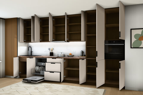 Küchenzeile Sorento Beige – 400 cm – mit 2 Hochschränken – K73-G400 R – geöffnet, über Eck von rechts