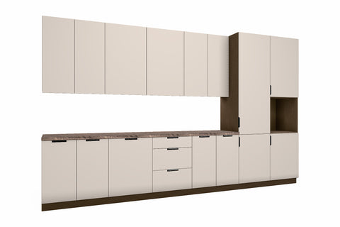Küchenzeile Sorento Beige – 400 cm – mit 2 Hochschränken – K73-G400 R – freigestellt, über Eck von links