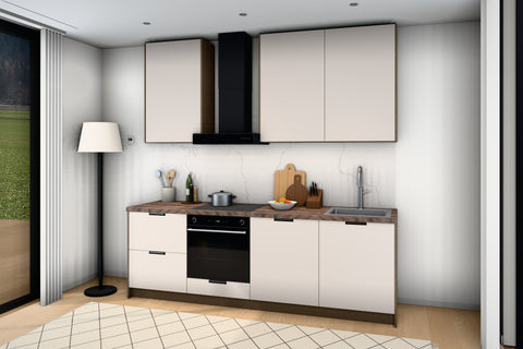 Küchenzeile Sorento Beige & Dunkle Eiche – 240 cm – KÜ-SORENTOB-001 – Raumansicht über Eck von rechts