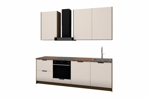 Küchenzeile Sorento Beige & Dunkle Eiche – 240 cm – KÜ-SORENTOB-001 – freigestellt, über Eck von rechts
