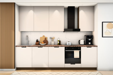 Küchenzeile Sorento Beige & Dunkle Eiche 300 cm – Ausführung Komfort – Raumansicht frontal