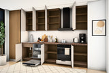 Küchenzeile Sorento Beige & Dunkle Eiche 300 cm – Ausführung Komfort – Türen geöffnet, schräg