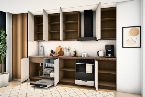 Küchenzeile Sorento Beige & Dunkle Eiche 300 cm – Ausführung Komfort – Türen geöffnet, schräg