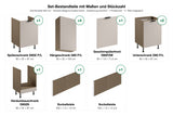 Küchenzeile Sorento Beige & Dunkle Eiche 300 cm – Ausführung Komfort – Set-Bestandteile mit Maßen und Stückzahl