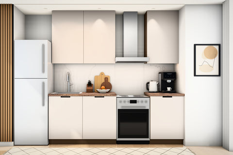 Küchenzeile Sorento Beige & Dunkle Eiche 300 cm – Ausführung Kompakt – Raumansicht frontal