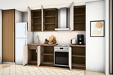 Küchenzeile Sorento Beige & Dunkle Eiche 300 cm – Ausführung Kompakt – Türen geöffnet, schräg