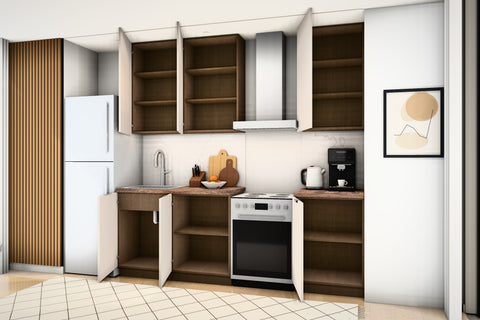 Küchenzeile Sorento Beige & Dunkle Eiche 300 cm – Ausführung Kompakt – Türen geöffnet, schräg