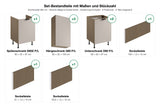 Küchenzeile Sorento Beige & Dunkle Eiche 300 cm – Ausführung Kompakt – Set-Bestandteile mit Maßen und Stückzahl
