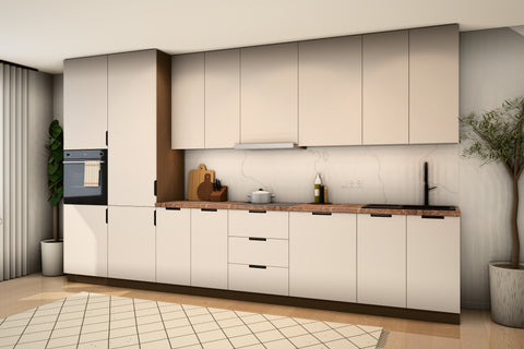 Küchenzeile Sorento Beige schräg von rechts mit Hochschränken 247 cm